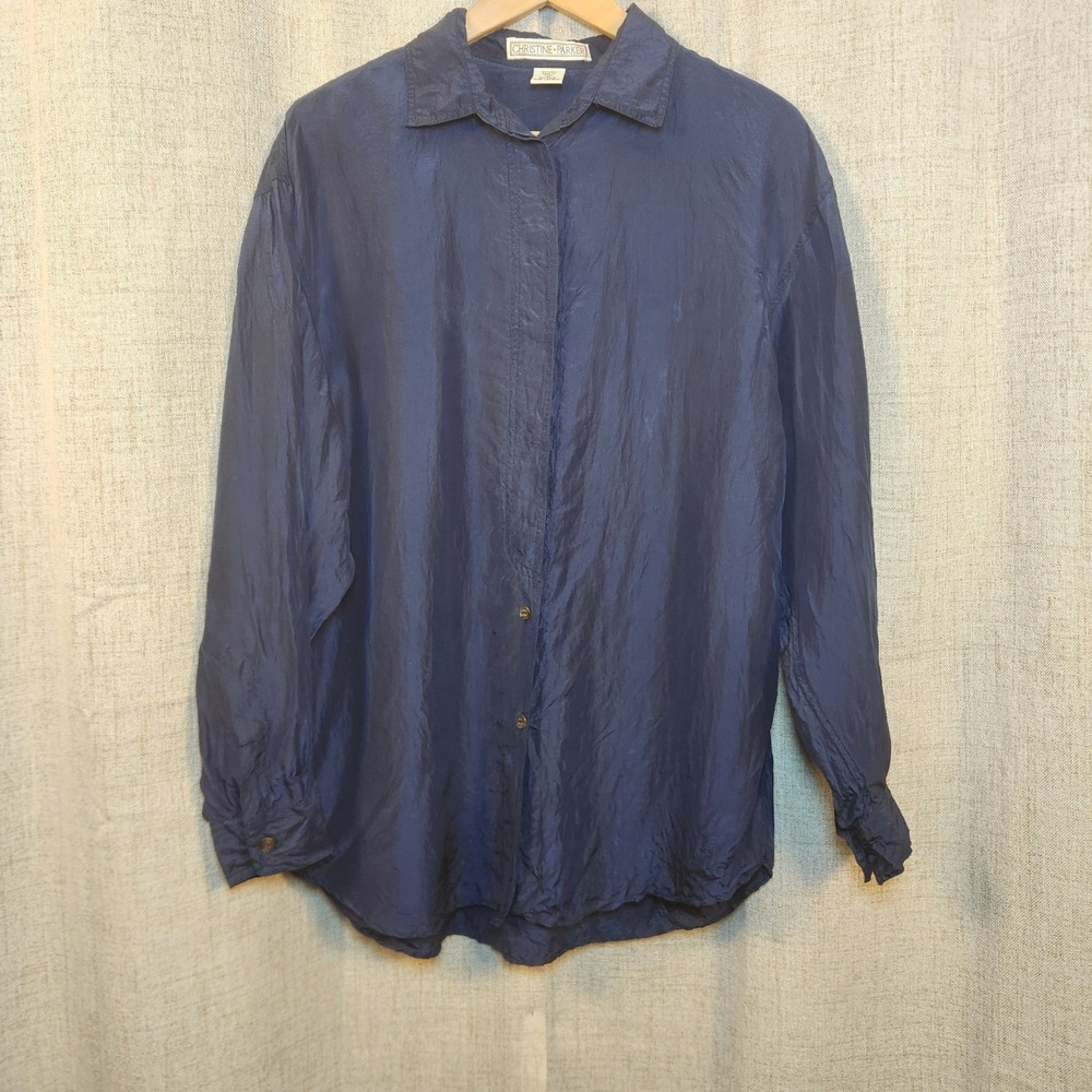 VTG Christine Parker Silk Button Up Shirt Womens M Navy Blue Placket Lightweight